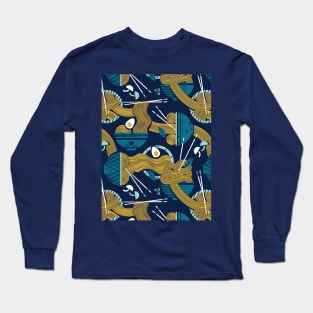 Noodles connection // pattern // midnight blue background teal and aqua bowls yellow pasta Long Sleeve T-Shirt